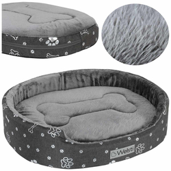 Oválný pelíšek pro psa Welsti šedý chlupatý se stříbrnými kostmi a tlapkami XXL 100x80 protiskluzový