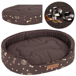 Oválný pelíšek pro psa Welsti hnědý se zlatými kostmi a tlapkami XL 80x67 protiskluzový
